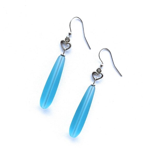 Blue Sea Glass Dangle Earrings with Hearts Womens Girls Beach Jewelry Gifts - Picture 6 of 7
